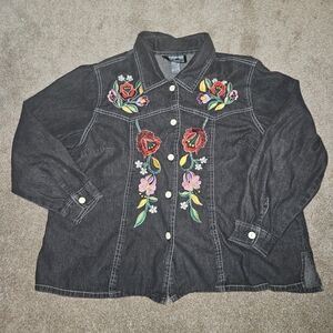 Embroidered Black Denim Button Up With Floral Embroidery